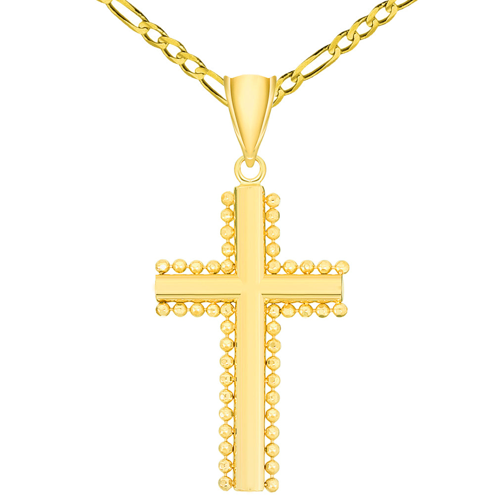 Solid 14k Yellow Gold Beaded Edged Plain Religious Cross Pendant Necklace with Figaro Chain Necklaces