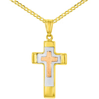 Load image into Gallery viewer, 14K Rose &amp; Yellow Gold Tricolor Religious Cross Charm Pendant with Cuban Chain Necklace

