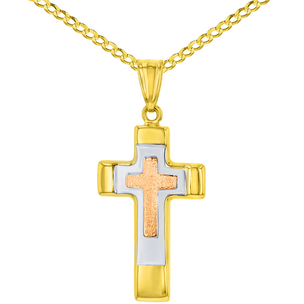 14K Rose & Yellow Gold Tricolor Religious Cross Charm Pendant with Cuban Chain Necklace