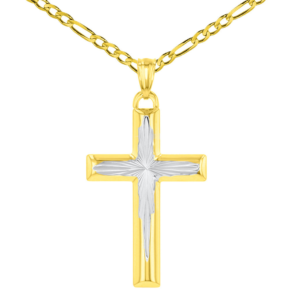 Yellow Gold Textured Cross Pendant Figaro Necklace