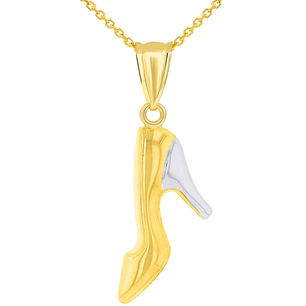 14k Yellow Gold Two Tone Pointed Toe High Heel Shoe Pendant Necklace