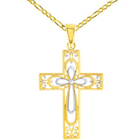 Load image into Gallery viewer, 14K Yellow Gold Textured Milgrain Filigree Cross Pendant FIgaro Necklace
