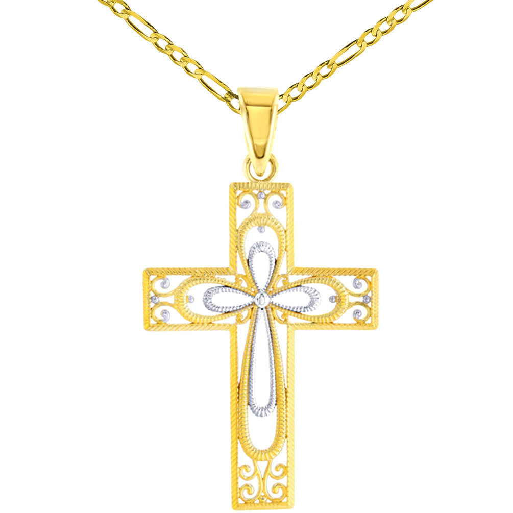 14K Yellow Gold Textured Milgrain Filigree Cross Pendant FIgaro Necklace