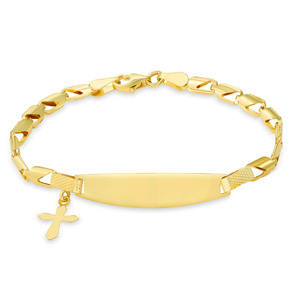 14k Yellow Gold Engravable ID Half-Open Link Bracelet with Religious Cross Charm