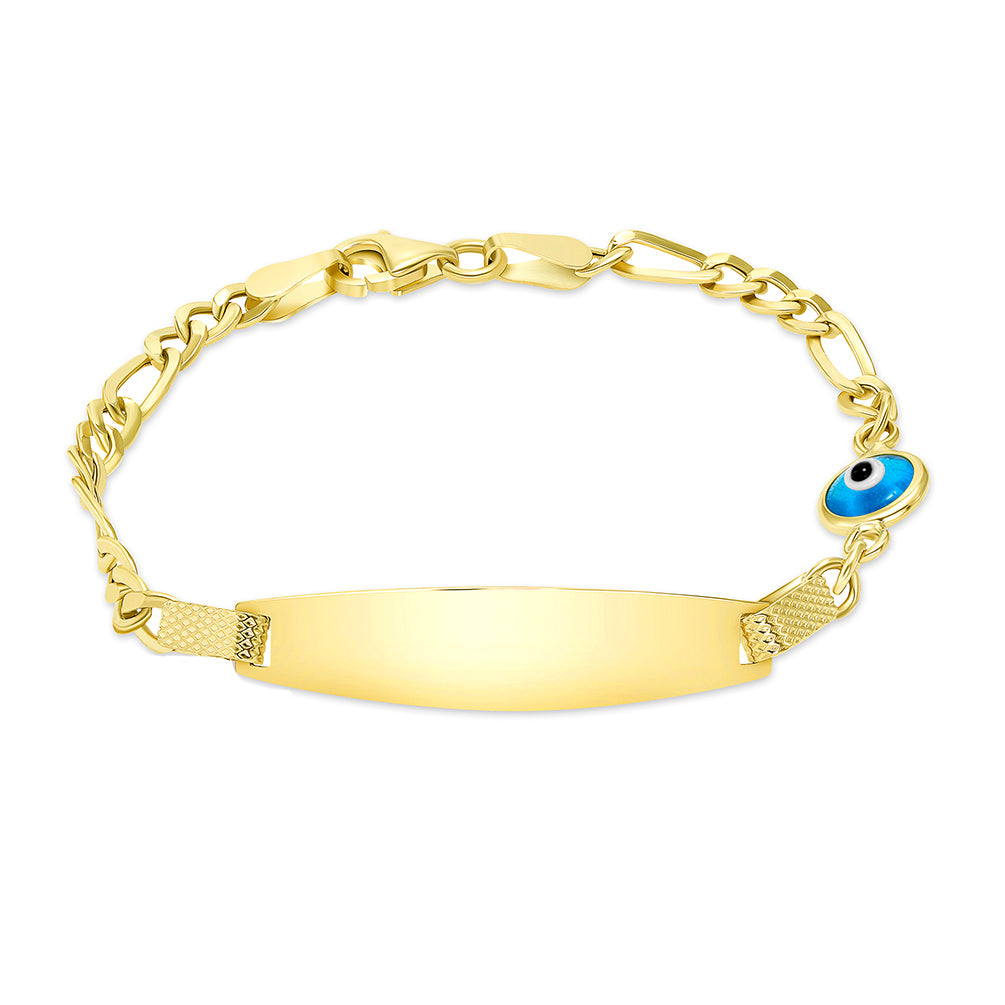 14k Yellow Gold Blue Evil Eye Engravable ID Figaro Link Bracelet