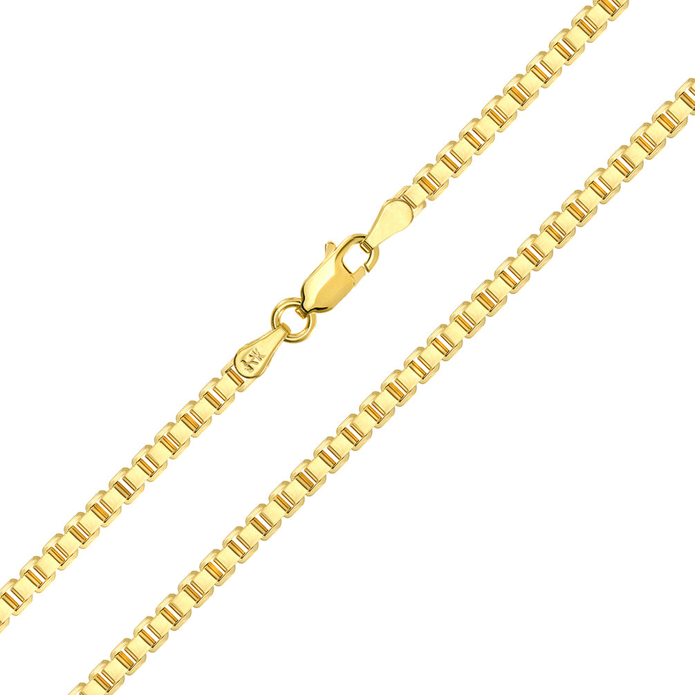 Solid 14k Yellow Gold 2.6mm Square Box Link Chain Necklace with Lobster Claw Clasp (High Polish)