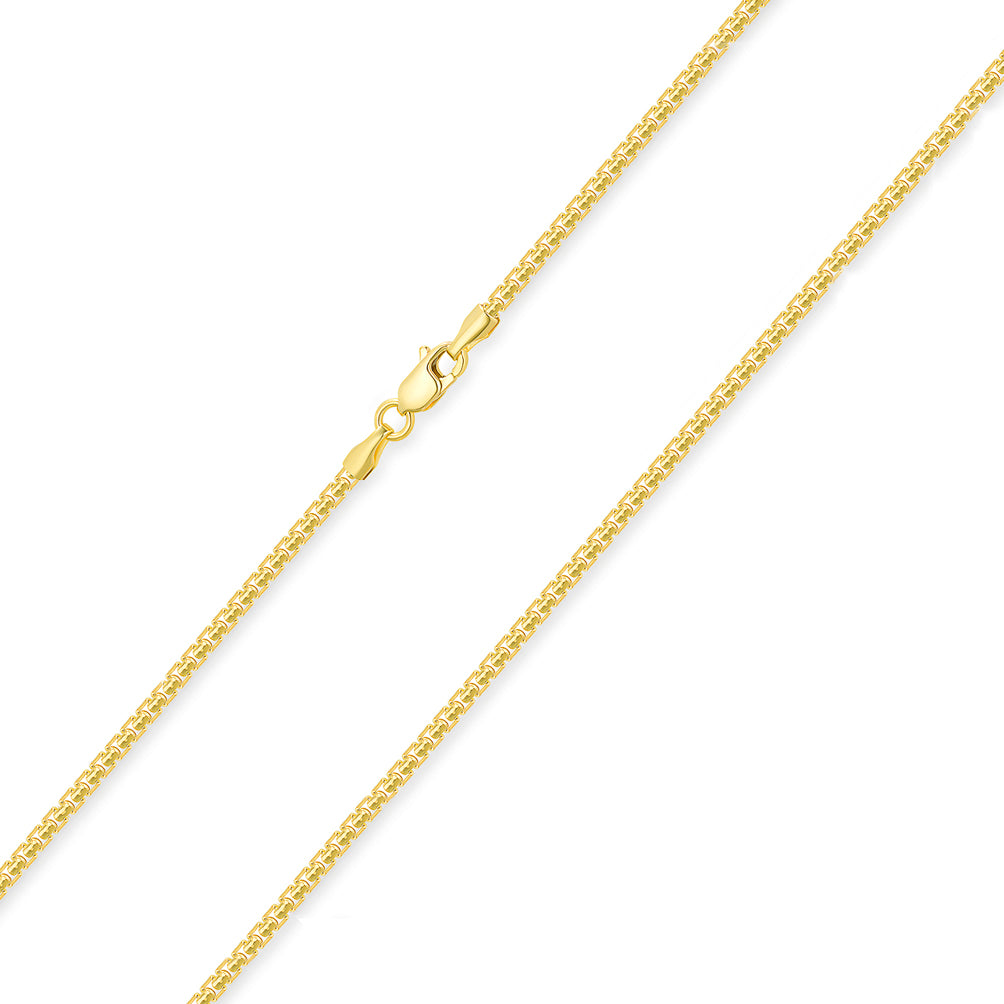 Solid 14k Yellow Gold 1.5mm Round Box Link Chain Necklace with Lobster Claw Clasp (High Polish)