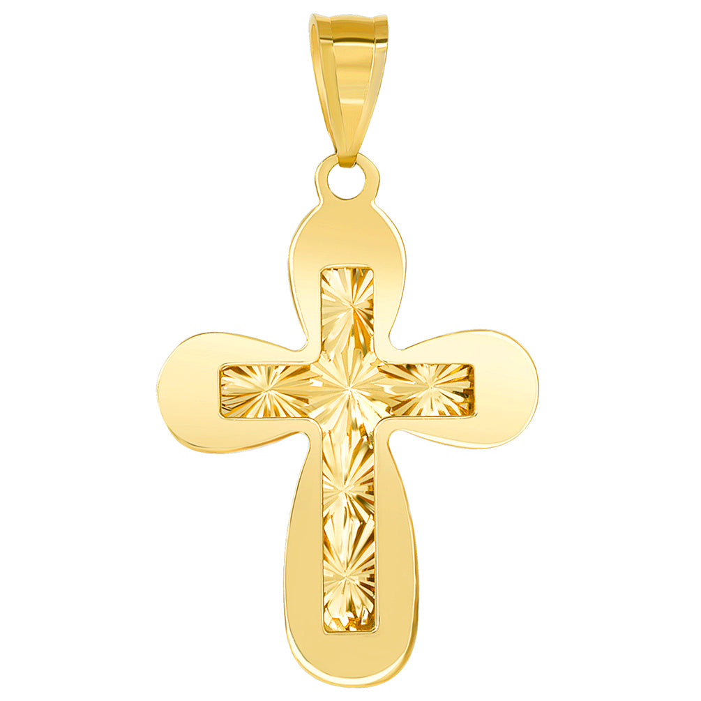 14k Gold Plain Textured Double Layer Rounded Edge Cross Pendant