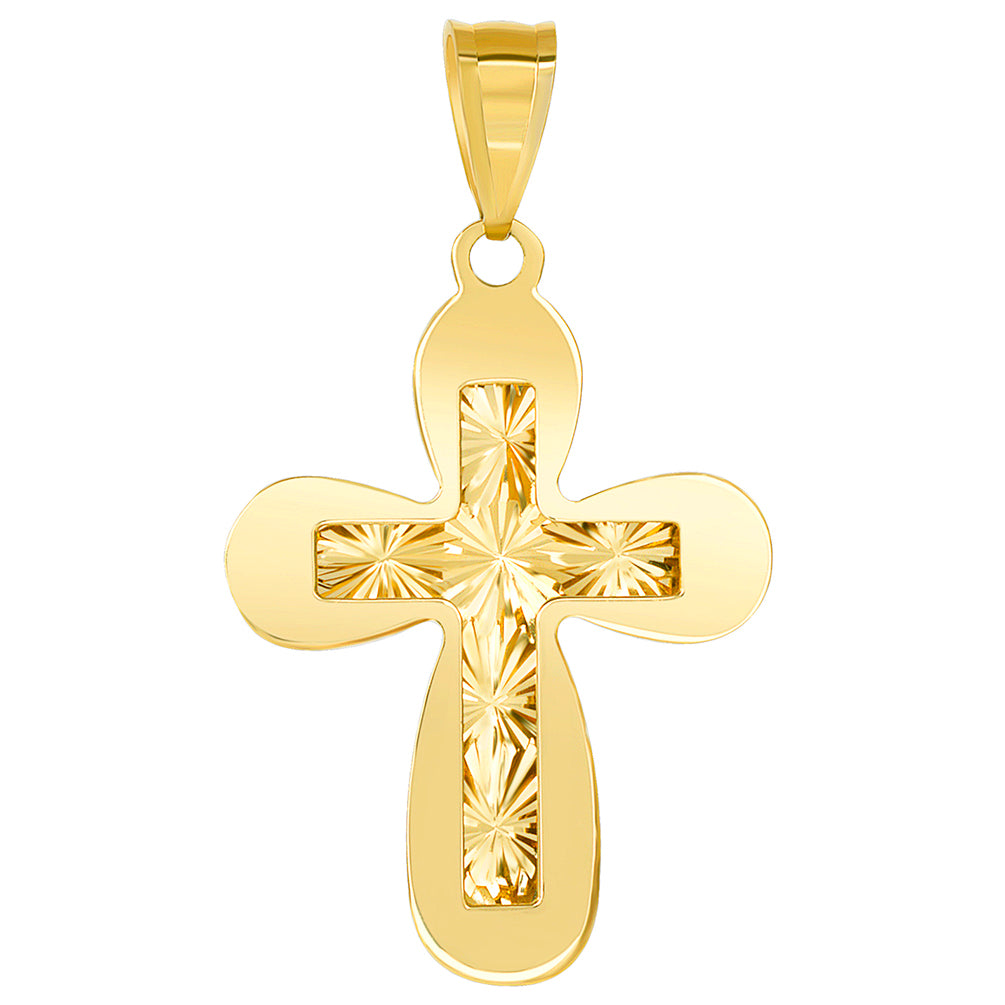 14k Yellow Gold Plain and Textured Double Layer Rounded Edge Cross Pendant