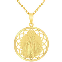 Load image into Gallery viewer, 14k Yellow Gold Round Open Ornate Miraculous Medal of Virgin Mary Pendant Necklace
