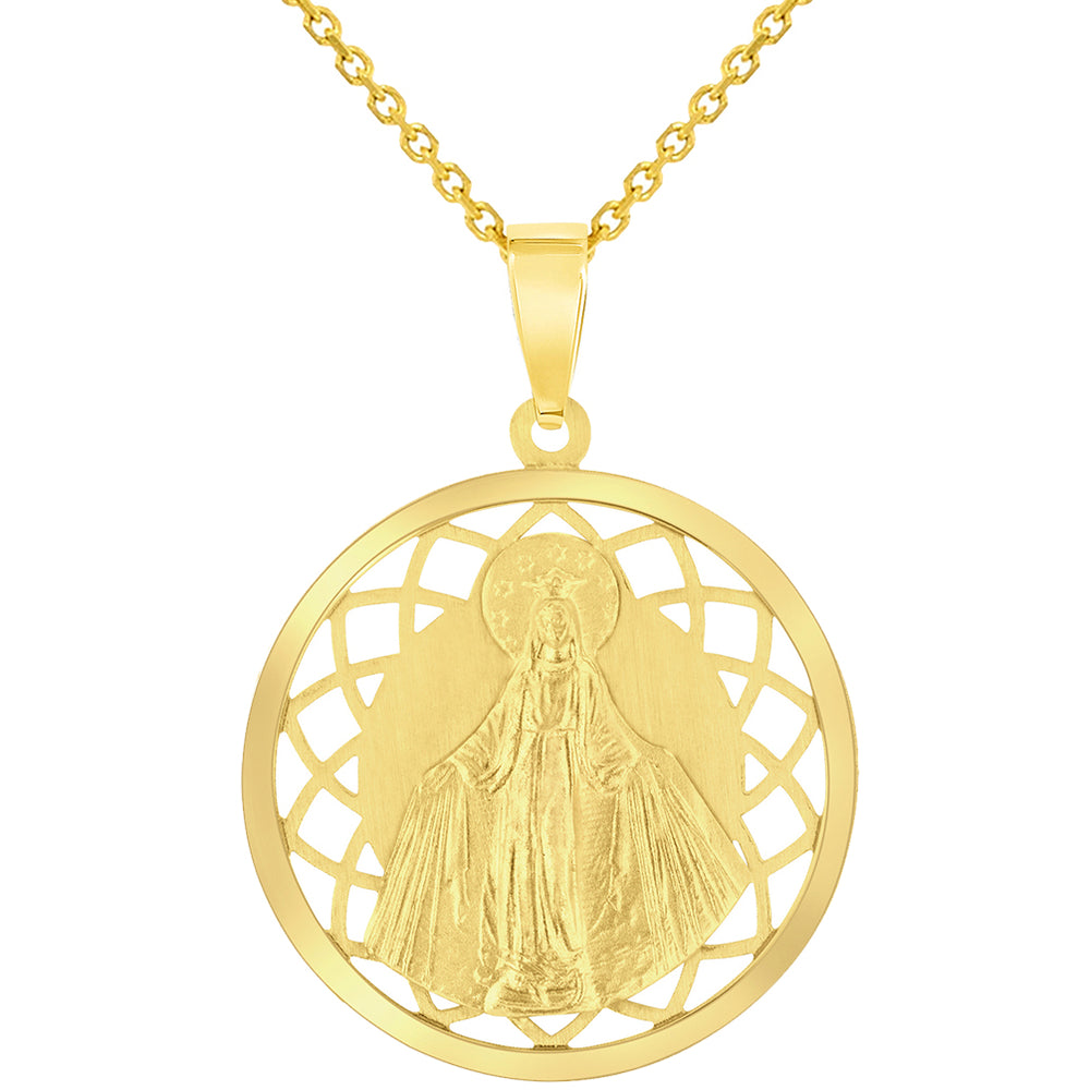 14k Yellow Gold Round Open Ornate Miraculous Medal of Virgin Mary Pendant Necklace