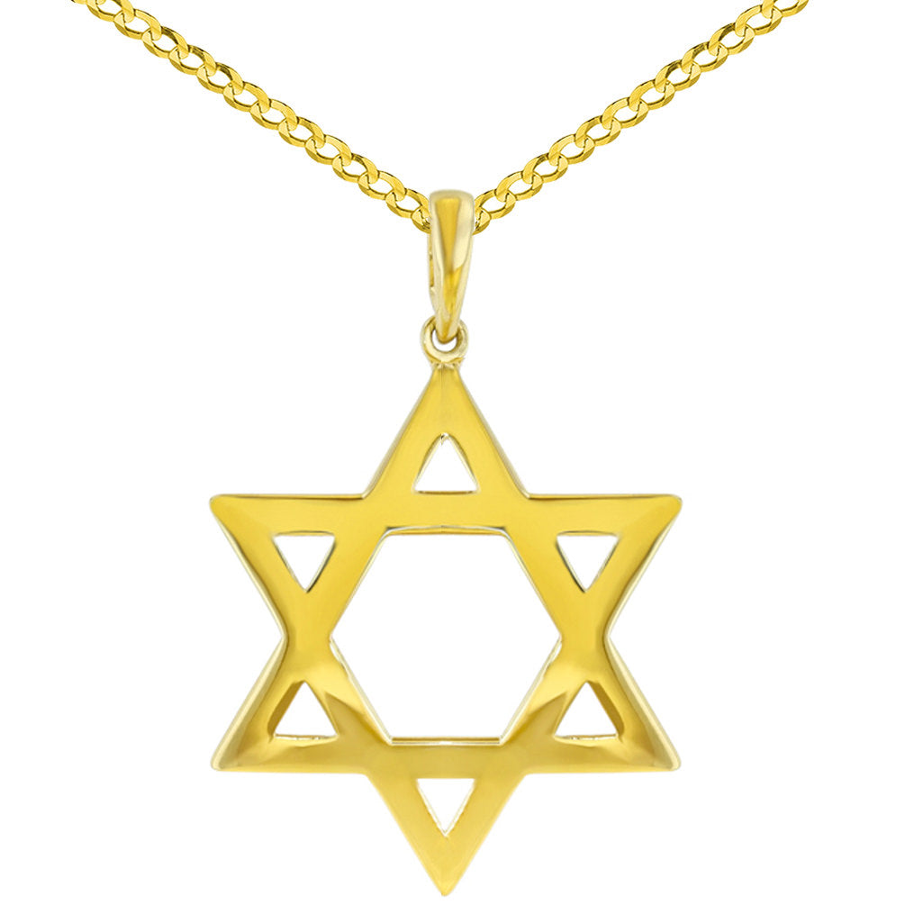 Solid 14K Yellow Gold Large Star of David Charm Jewish Symbol Pendant Necklace