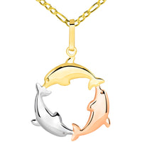 Load image into Gallery viewer, Tri Color Gold Dolphin Pendant Figaro Necklace
