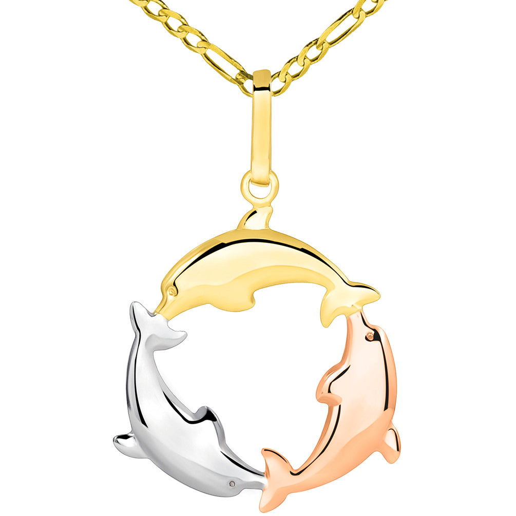 Tri Color Gold Dolphin Pendant Figaro Necklace