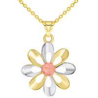 Load image into Gallery viewer, Tri-Tone Daisy Charm Necklace With Rolo Chain, Curb Chain &amp; Figaro Chain
