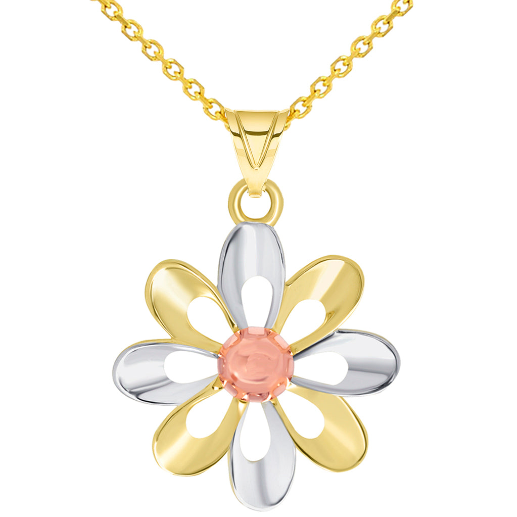 Tri-Tone Daisy Charm Necklace With Rolo Chain, Curb Chain & Figaro Chain