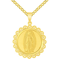Load image into Gallery viewer, 14k Yellow Gold Round Ornate Miraculous Medal of Our Lady of Guadalupe Pendant with Cuban Chain Curb Necklace
