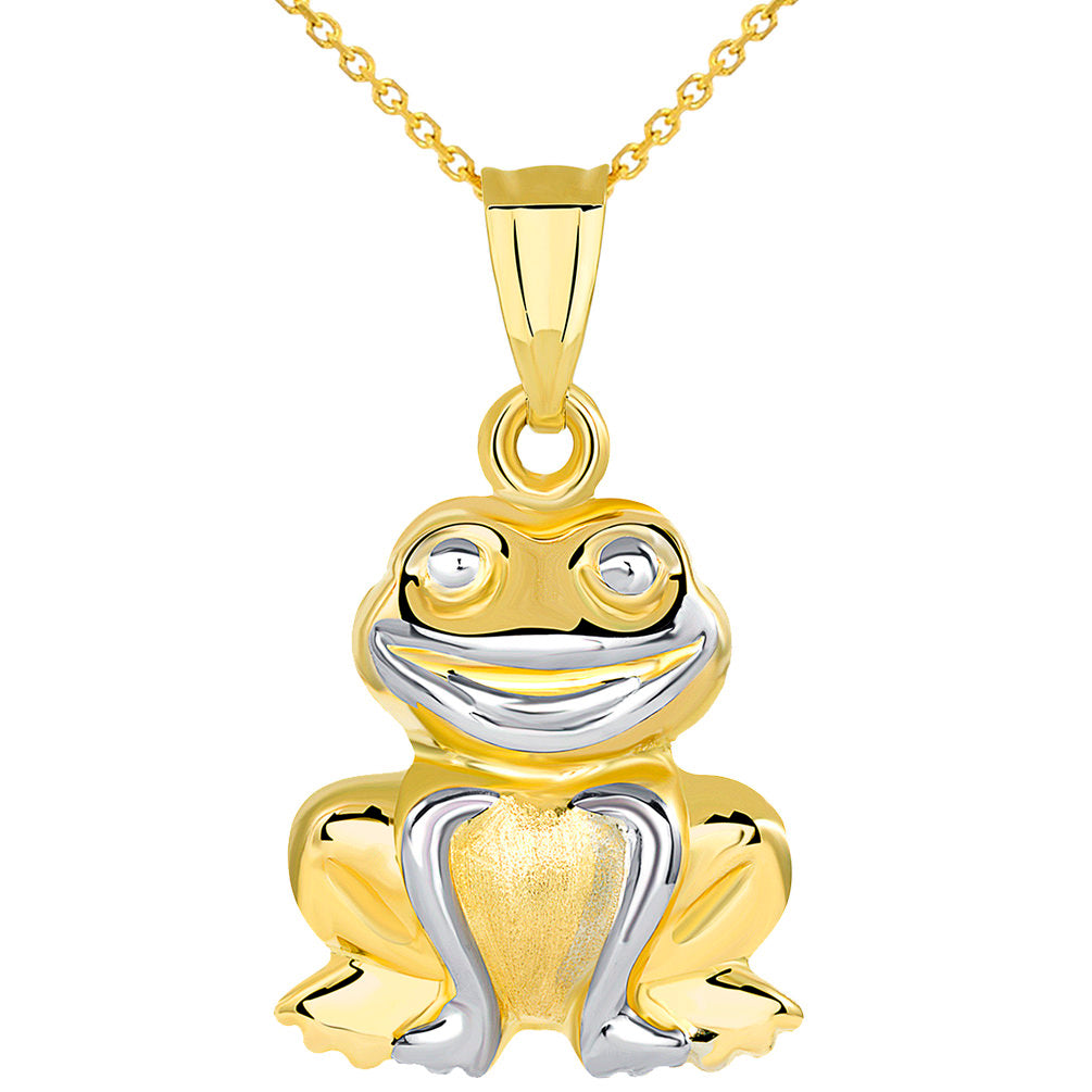 High Polished 14K Yellow Gold Smiling Frog Charm 3D Animal Pendant Necklace