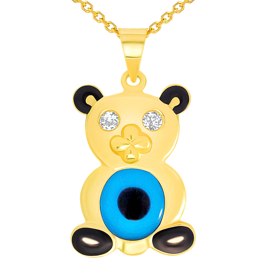14k Yellow Gold Cubic Zirconia Teddy Bear with Blue Evil Eye Pendant Necklace