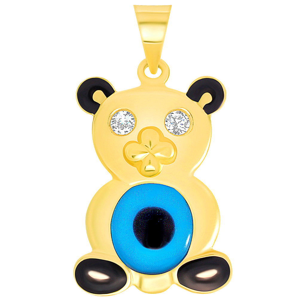 14k Yellow Gold Cubic Zirconia Teddy Bear with Blue Evil Eye Pendant