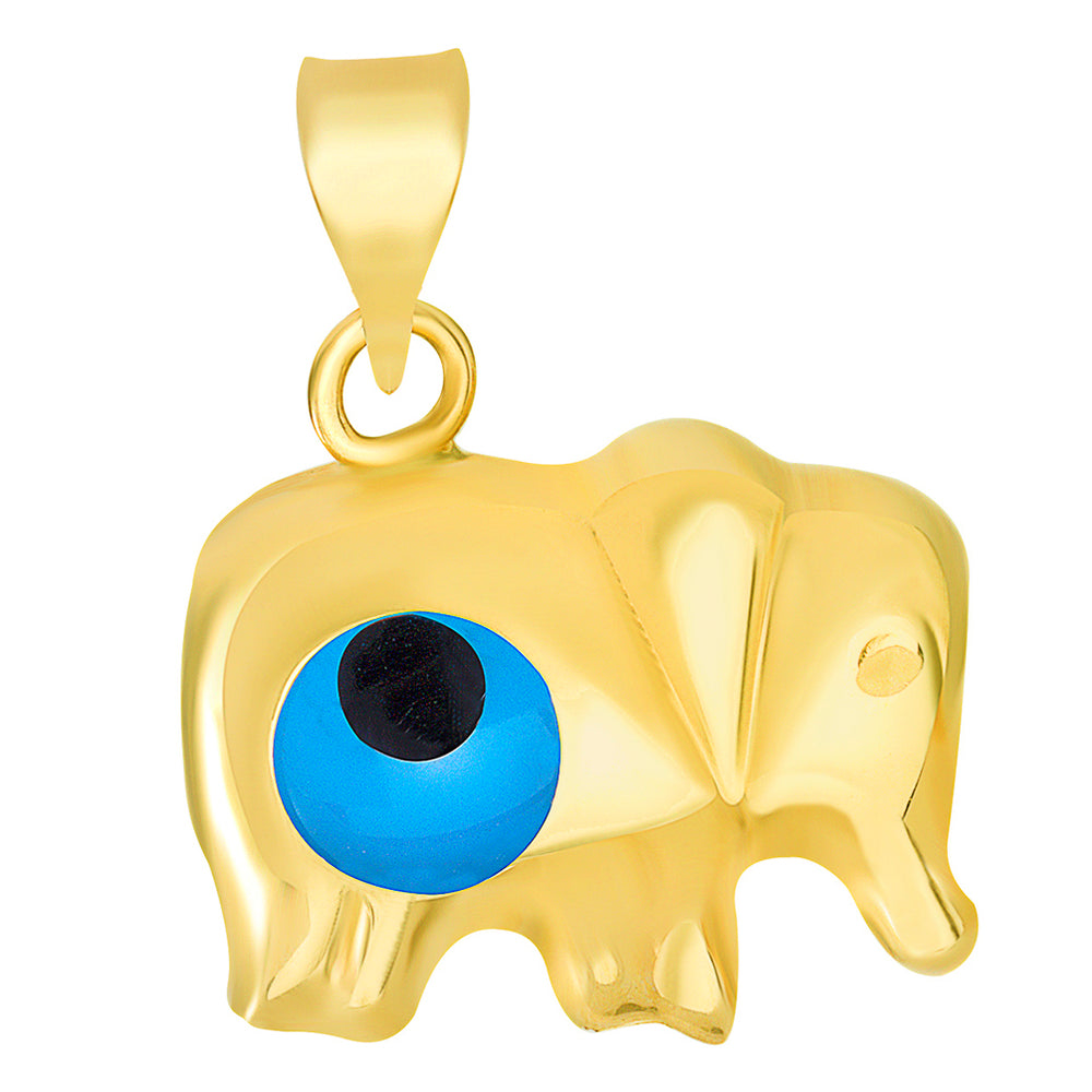 14k Yellow Gold Good Luck Elephant with Blue Evil Eye Charm Pendant