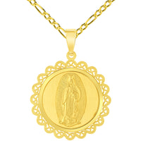 Load image into Gallery viewer, 14k Yellow Gold Round Ornate Miraculous Medal of Our Lady of Guadalupe Pendant with Figaro Chain Necklace
