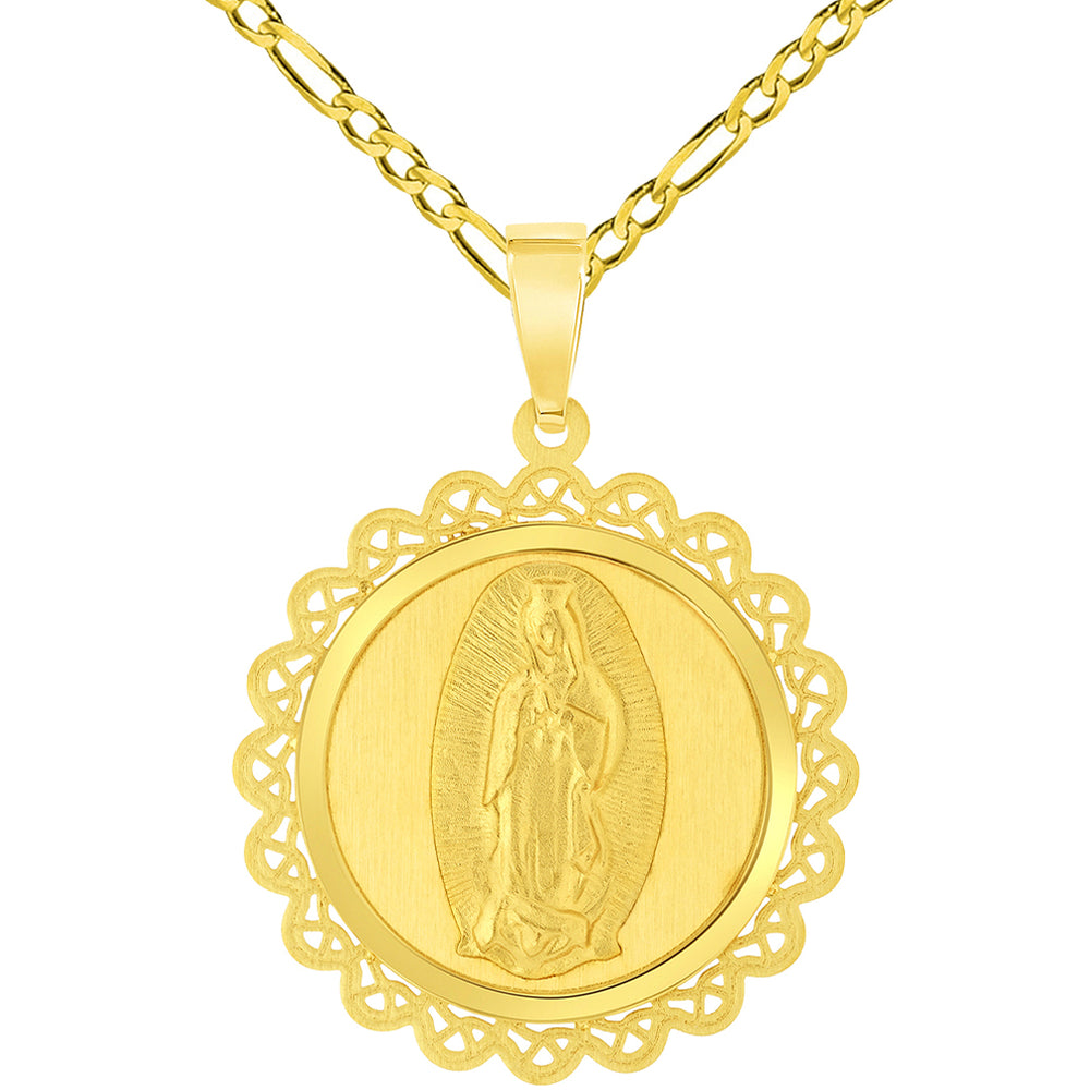 14k Yellow Gold Round Ornate Miraculous Medal of Our Lady of Guadalupe Pendant with Figaro Chain Necklace