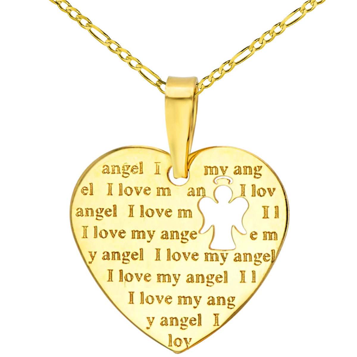 14K Yellow Gold Heart Charm with I Love My Angel Script Pendant Figaro Chain Necklace