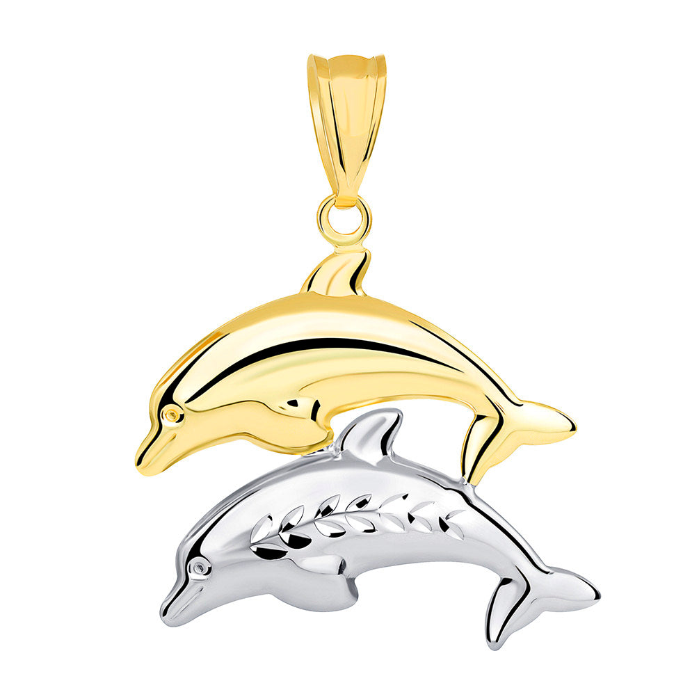 14k Yellow Gold and White Gold Two Tone 3D Dolphins Jumping Pendant