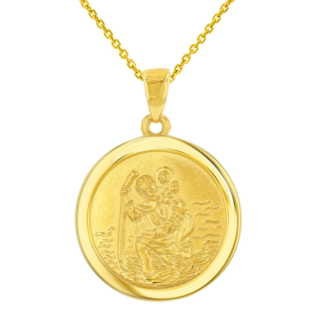 14k Yellow Gold Round Saint Christopher Medal Pendant Necklace