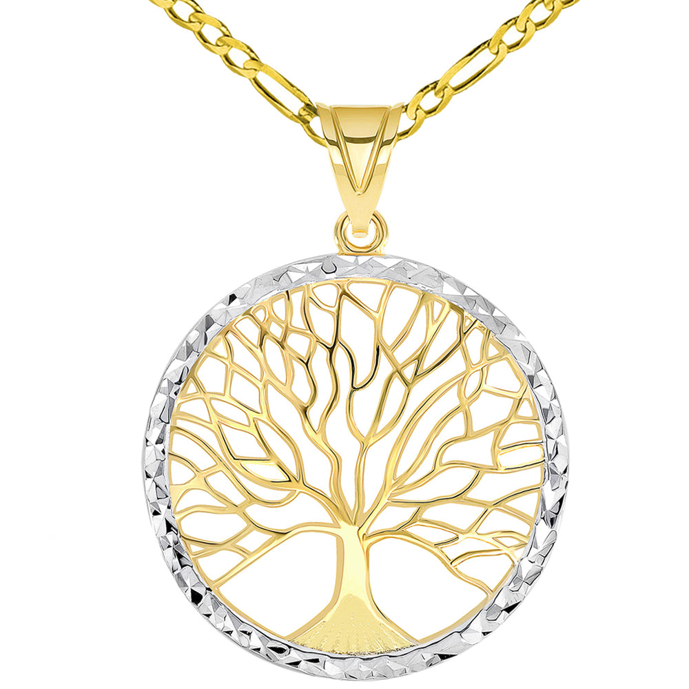 14k Yellow Gold Textured Round Elegant Two Tone Tree of Life Medallion Pendant with Figaro Chain Necklace