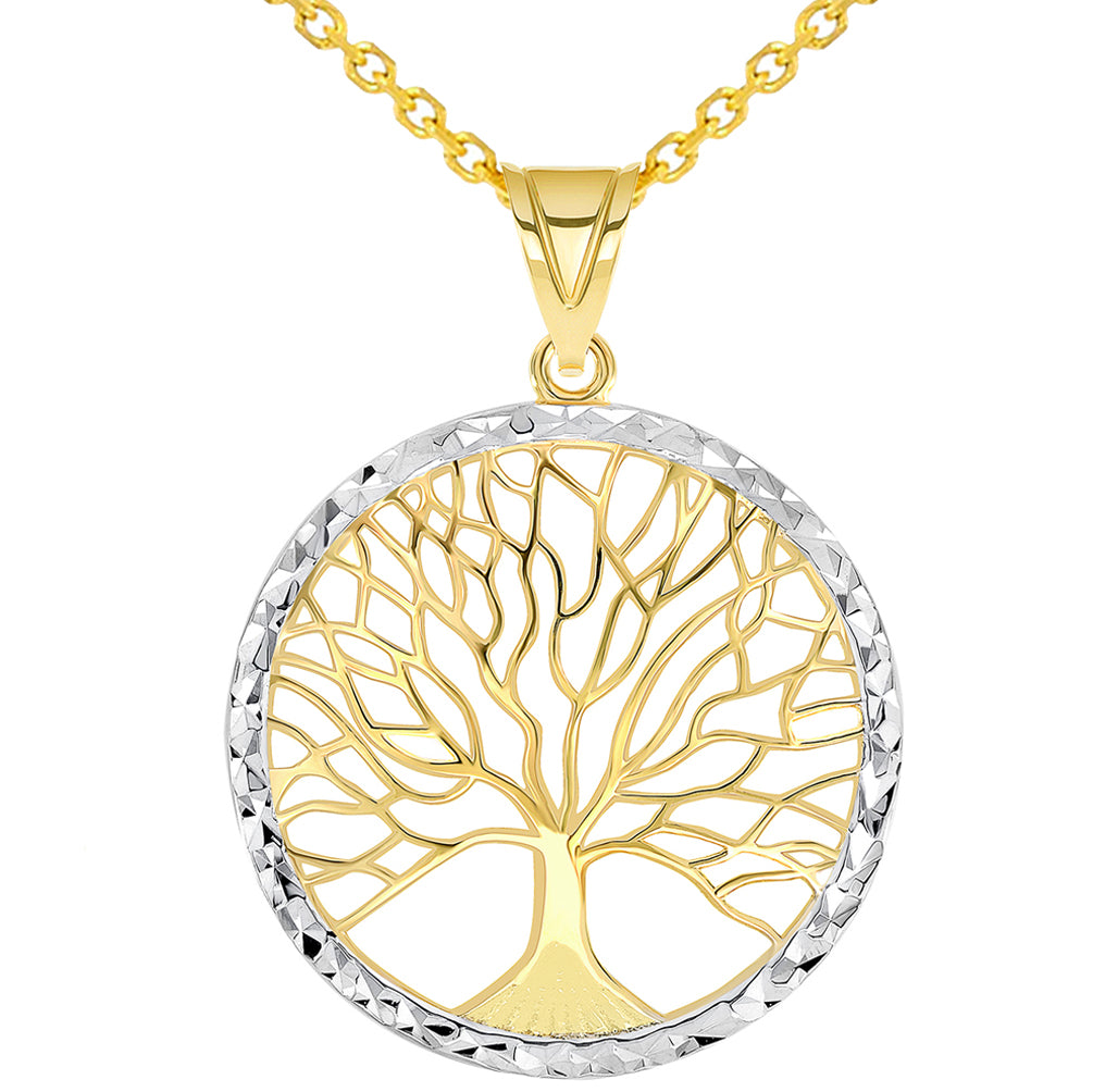 14k Yellow Gold Textured Round Elegant Two Tone Tree of Life Medallion Pendant Necklace