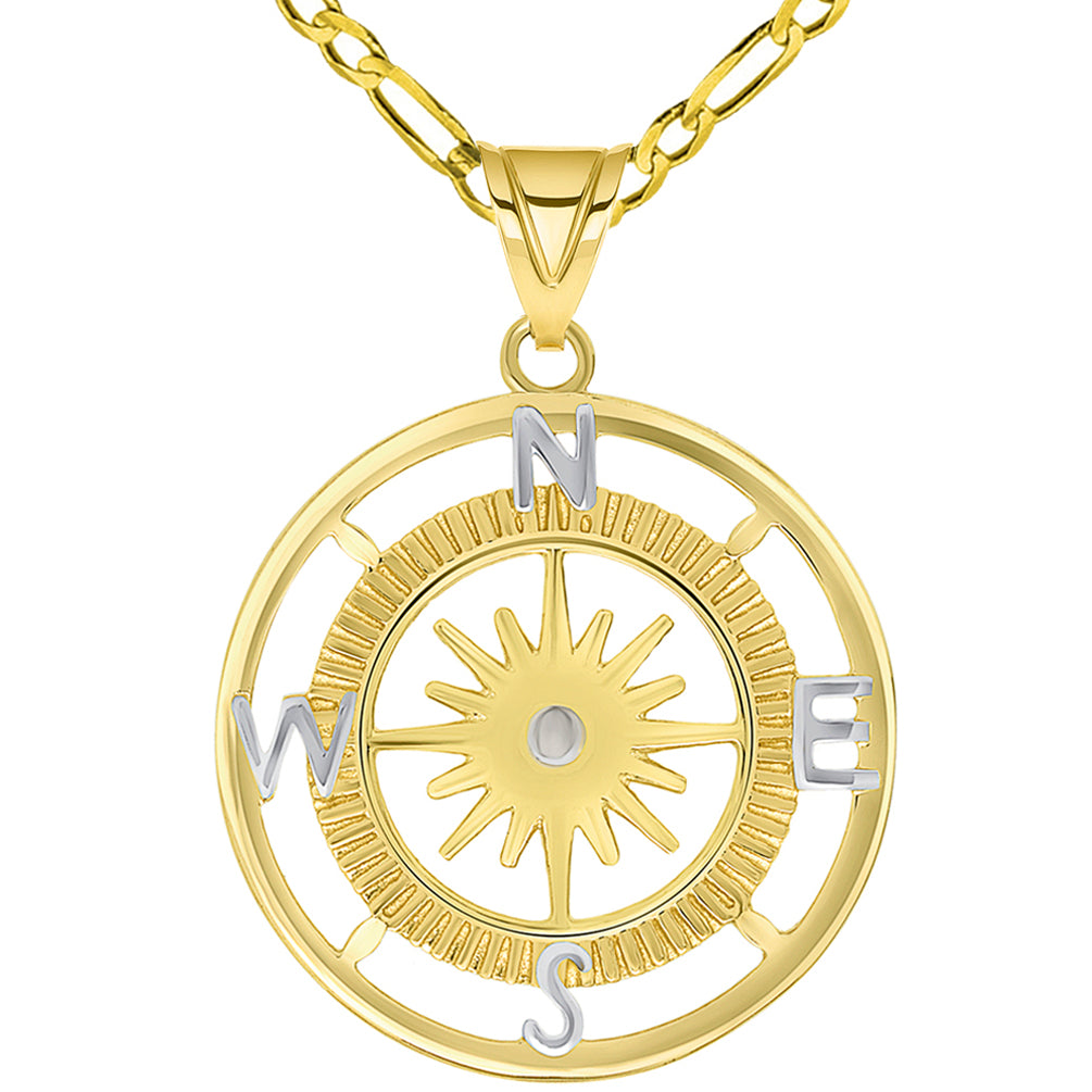 Two Tone 16-Wind Point Compass Rose Pendant Figaro Necklace