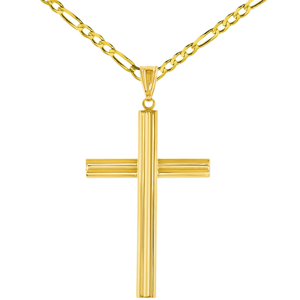 14K Yellow Gold Plain Religious Cross Pendant with Figaro Chain Necklace