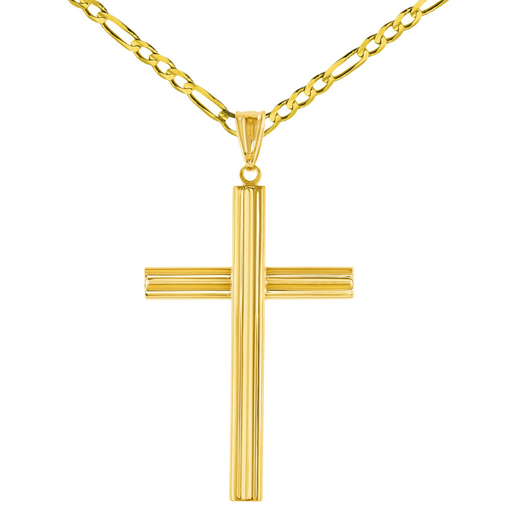 14K Yellow Gold Plain Religious Cross Pendant with Figaro Chain Necklace