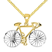Load image into Gallery viewer, 14k Yellow Gold Two-Tone Bicycle Bike with Textured Wheels Pendant Cuban Chain Necklace
