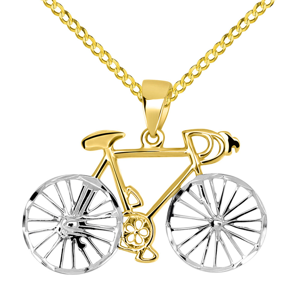 14k Yellow Gold Two-Tone Bicycle Bike with Textured Wheels Pendant Cuban Chain Necklace