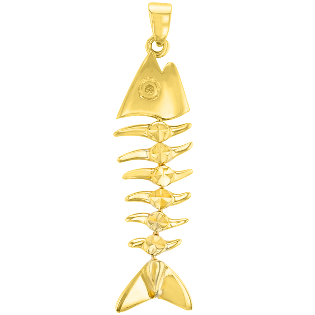 Solid 14K Yellow Gold Dangling Fishbones Pendant