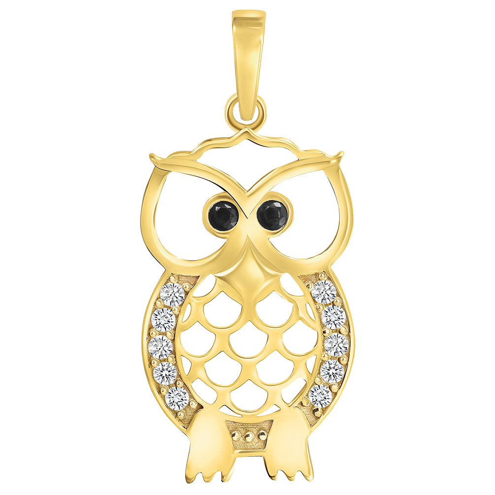 14k Yellow Gold Cubic-Zirconia Open Big Eyes Owl Animal Pendant