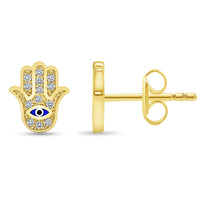 Load image into Gallery viewer, 14k Yellow Gold Cubic-Zirconia Hamsa Hand of Fatima with Evil Eye Stud Earrings with Screw Back, 9mm
