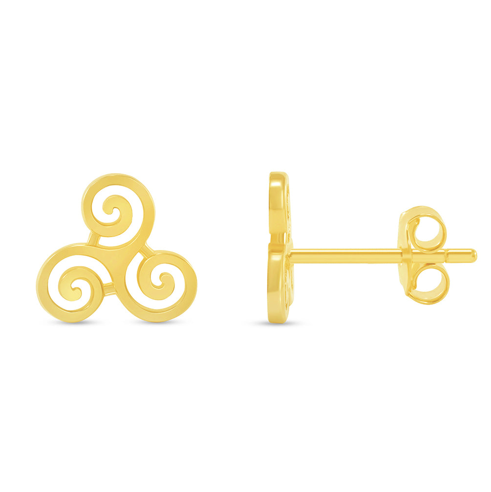 Solid 14k Yellow Gold Celtic Triple Spiral Triskelion Stud Earrings with Screw Back, 8.5mm x 9mm