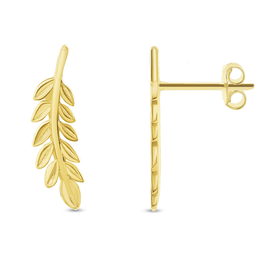 Solid 14k Yellow Gold Olive Branch Stud Earrings with Screw Back, 19mm