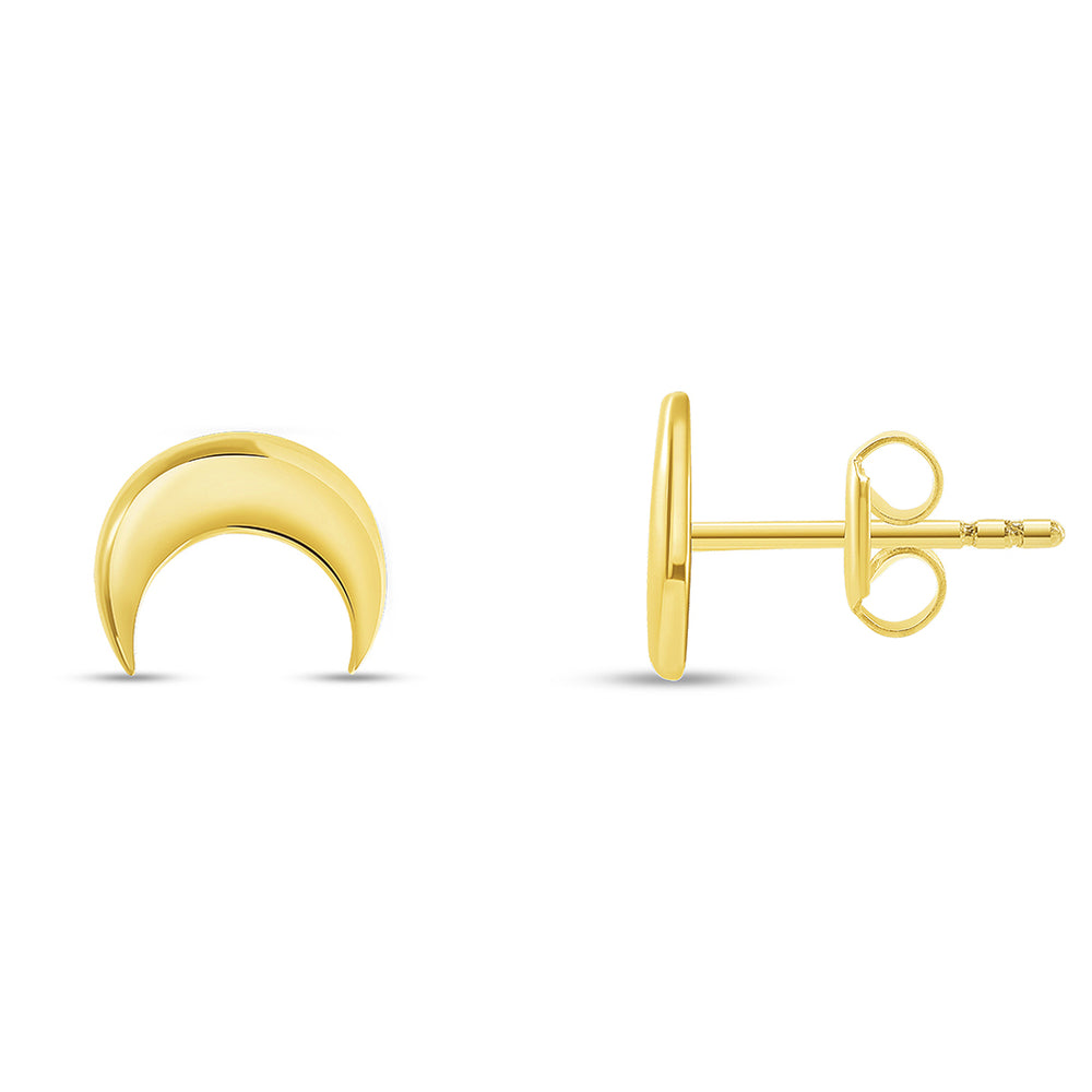 High Polish 14k Yellow Gold Double Horn Crescent Moon Stud Earrings with Screw Back, 8mm x 6.5mm