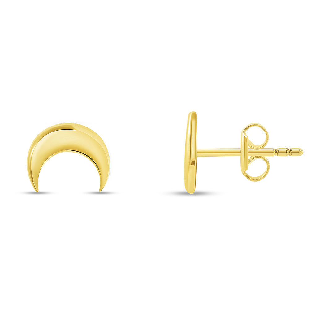 High Polish 14k Yellow Gold Double Horn Crescent Moon Stud Earrings with Screw Back, 8mm x 6.5mm