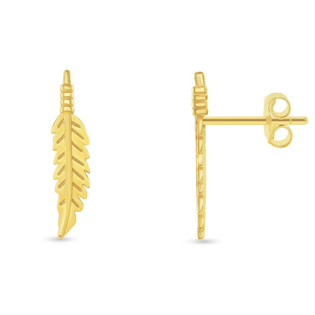 Solid 14k Yellow Gold Feather Shaped Leaf Stud Earrings with Screw Back, 17mm