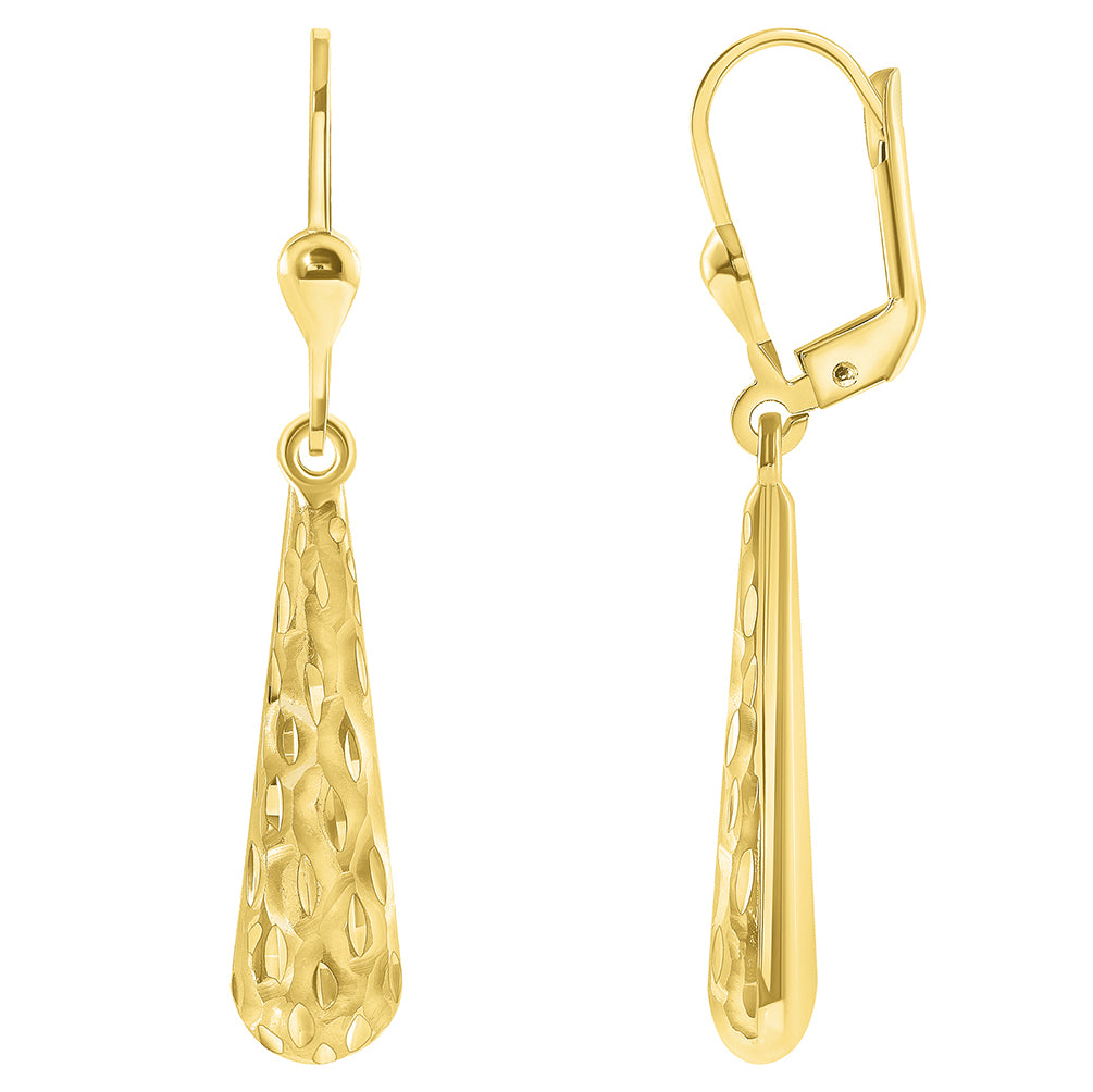 Solid 14k Yellow Gold Fancy Textured and Polished Teardrop Dangle Drop Earrings, 6.5mm