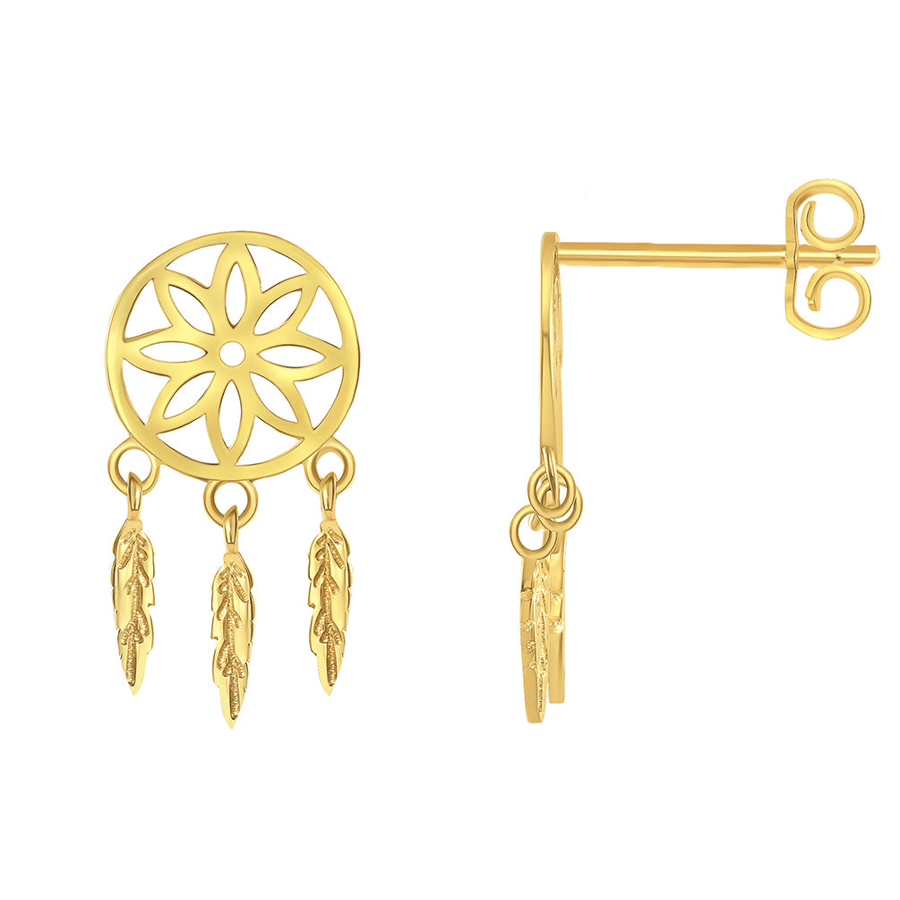 Solid 14k Yellow Gold Native American Dreamcatcher Dangling Feathers Stud Earrings with Screw Back, 16mm