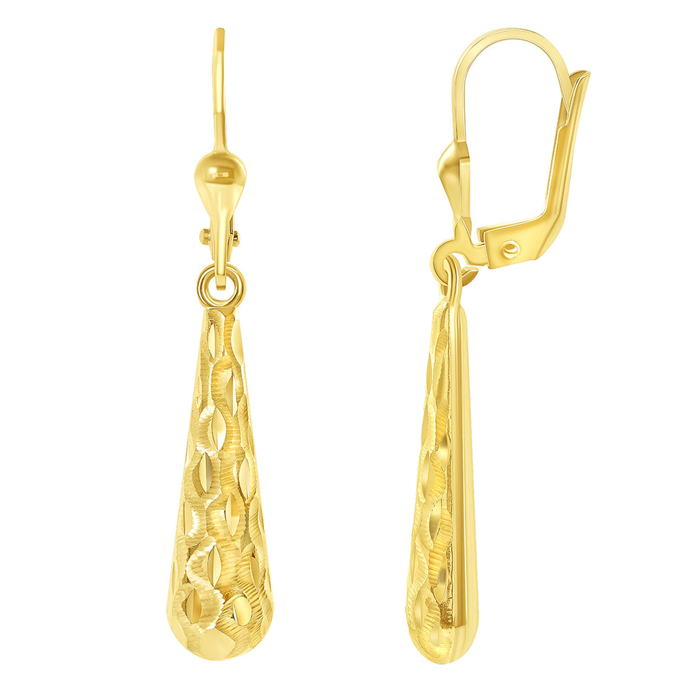 Solid 14k Yellow Gold Elegant Textured and Polished Teardrop Dangle Drop Earrings, 6.5mm