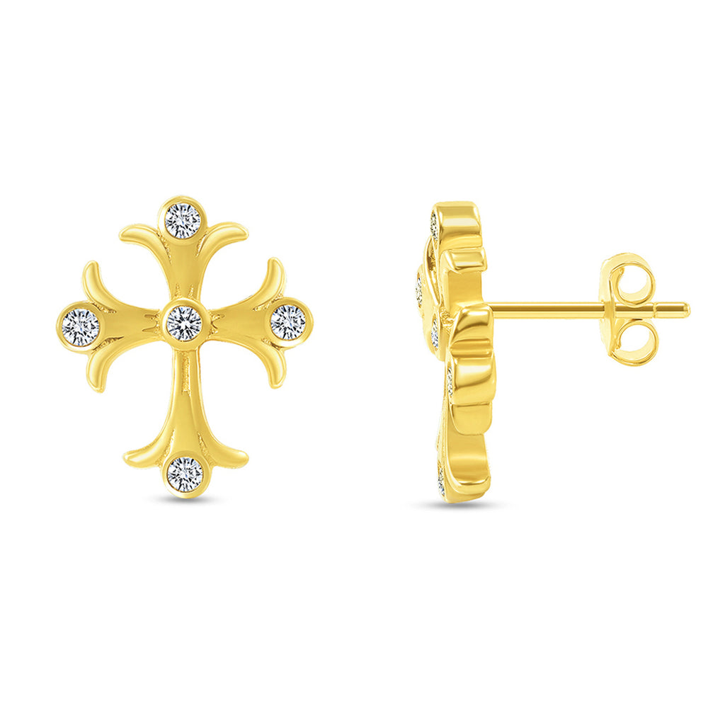 Solid 14k Yellow Gold Cubic-Zirconia Elegant Religious Cross Stud Earrings with Screw Back, 10.5mm