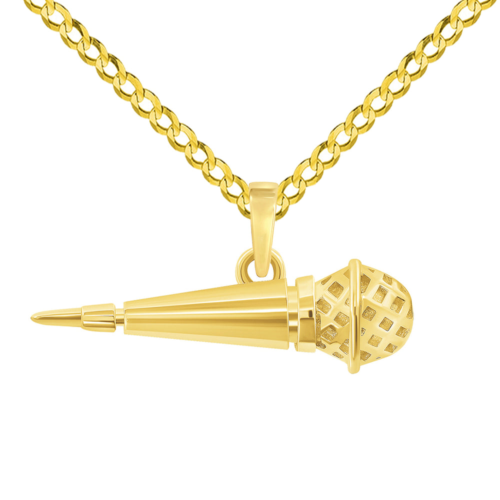 14k Yellow Gold Dynamic Microphone Charm Musical Instrument Pendant with Cuban Curb Chain Necklace